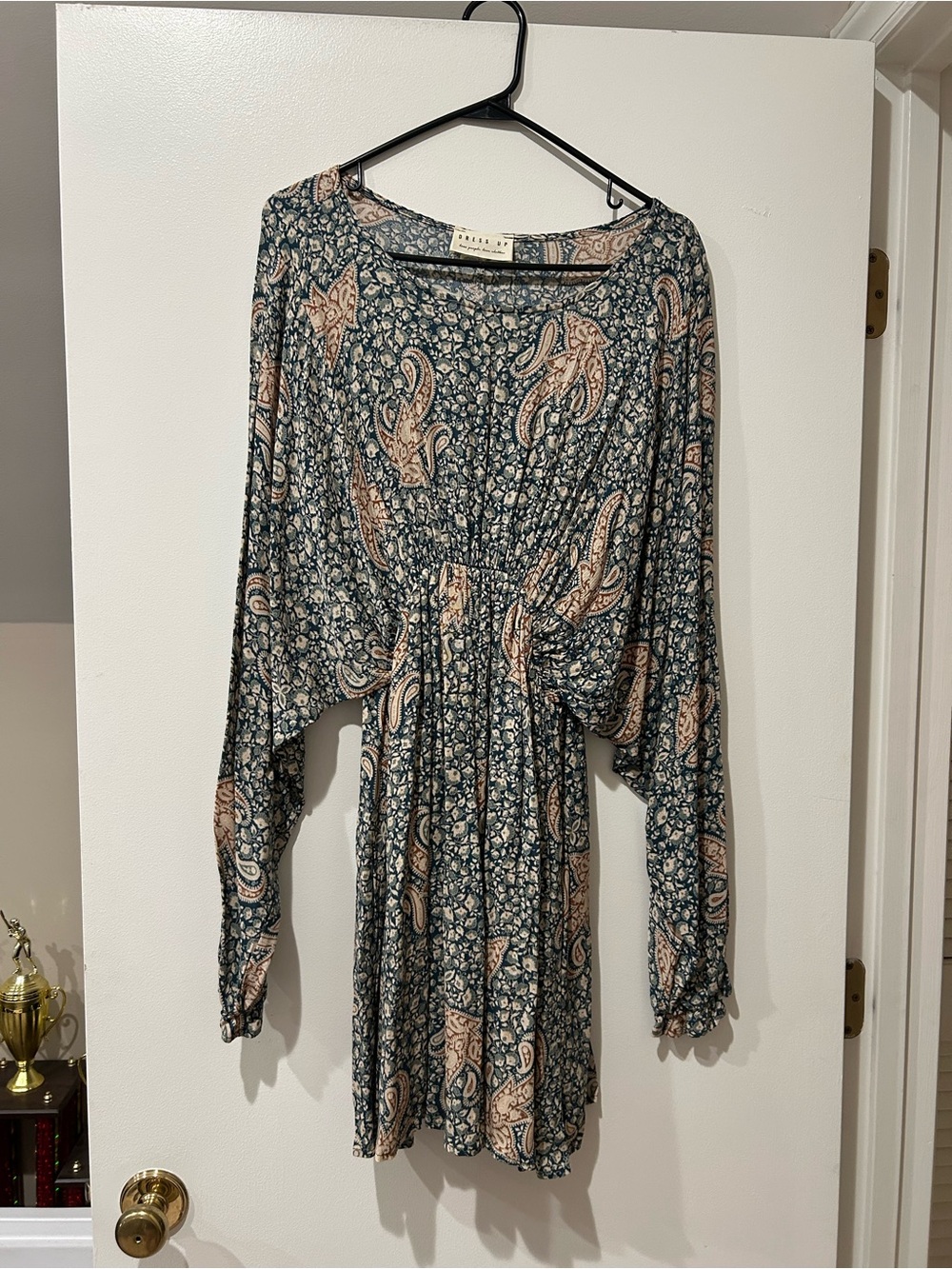 Dolman-Sleeve Paisley Long-Sleeve Mini Dress - Blue & Beige